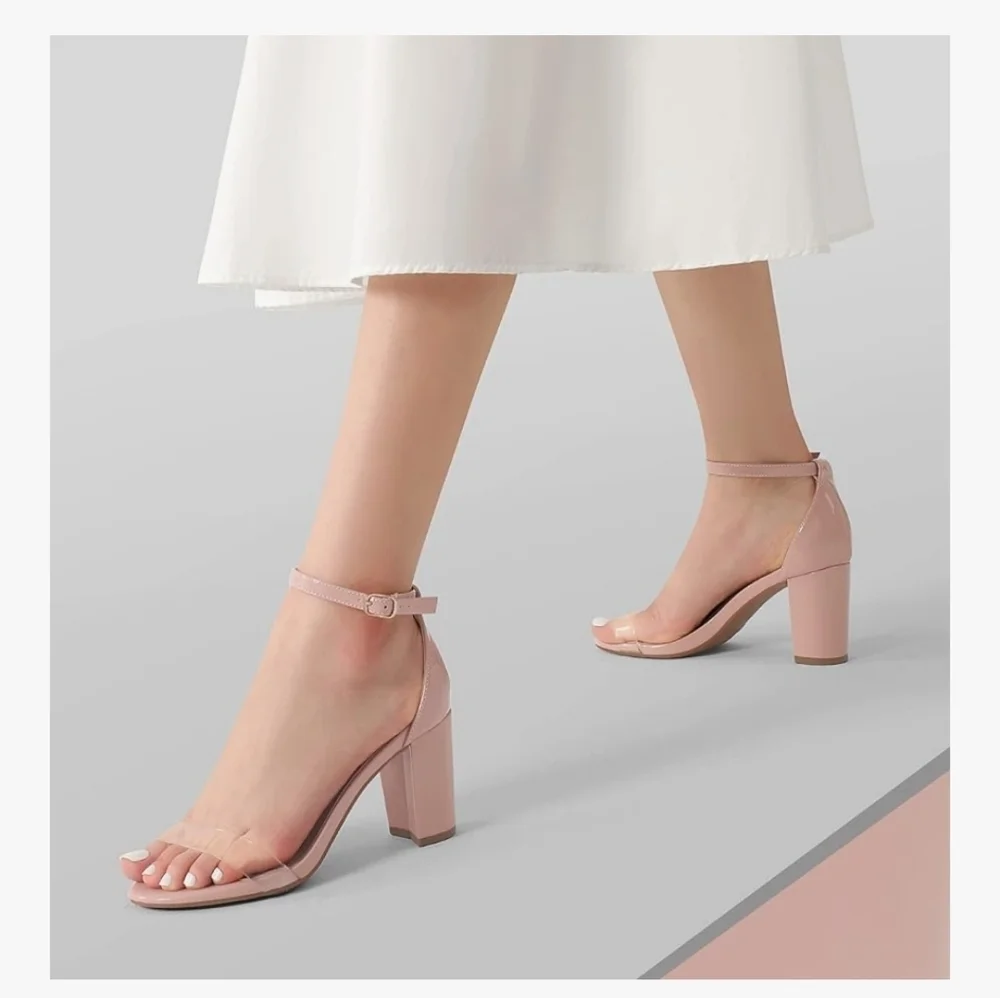 Pink Ankle Strap Block Heels With Clear Toe Strap Size 10